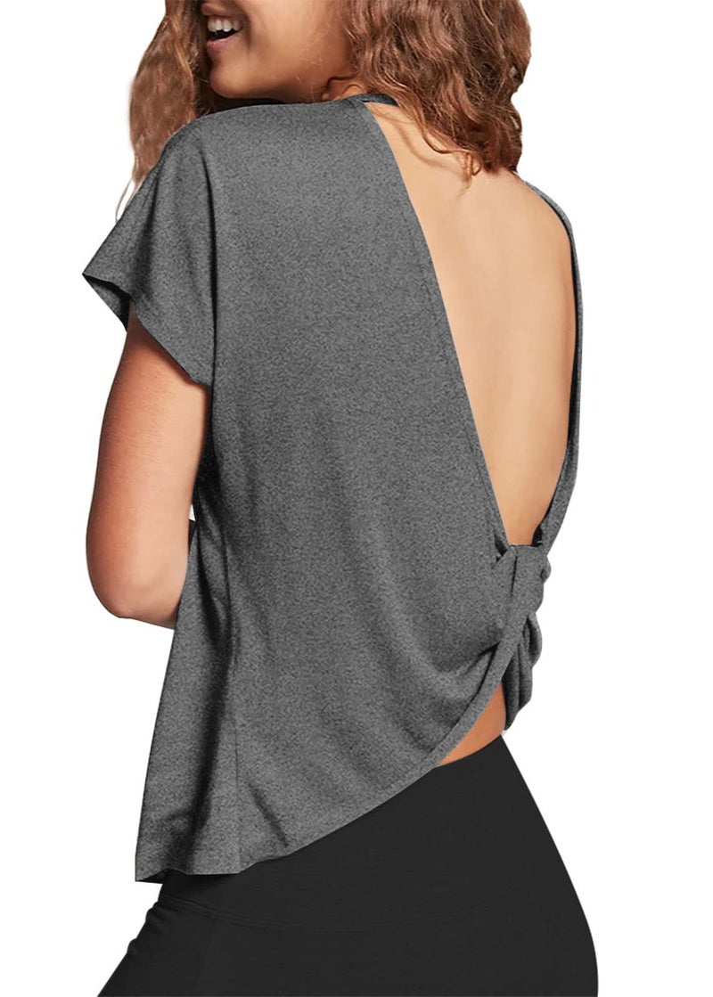 Mippo Workout Tops Short Sleeve Gym Shirts Backless Open Back Top Womens Active Workout Shirt Gym Clothes Heather Gray M - Image 3